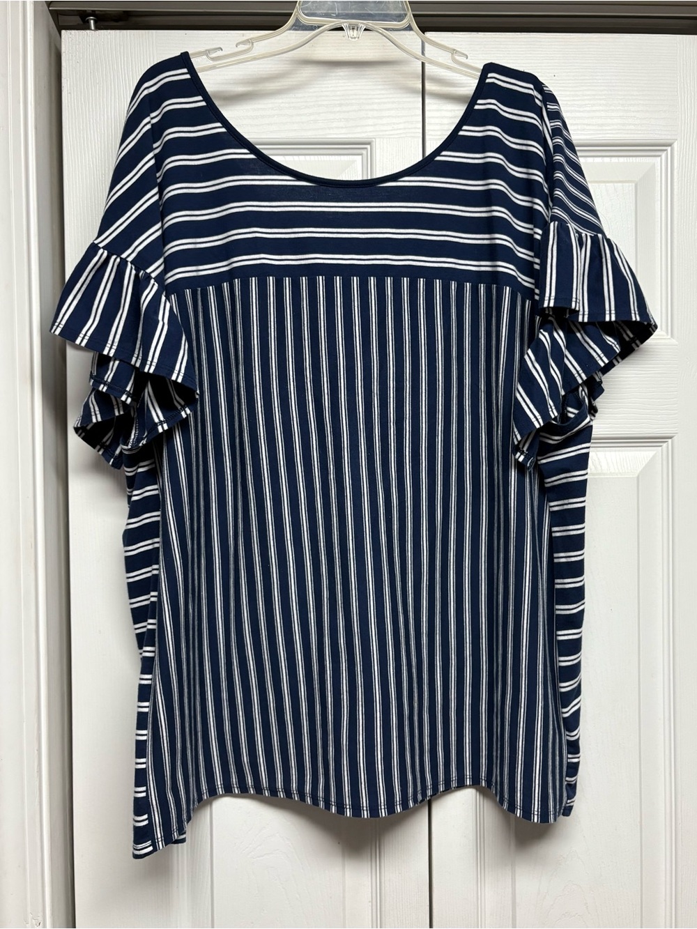 Navy & White Striped Ruffle Sleeve Women's Top